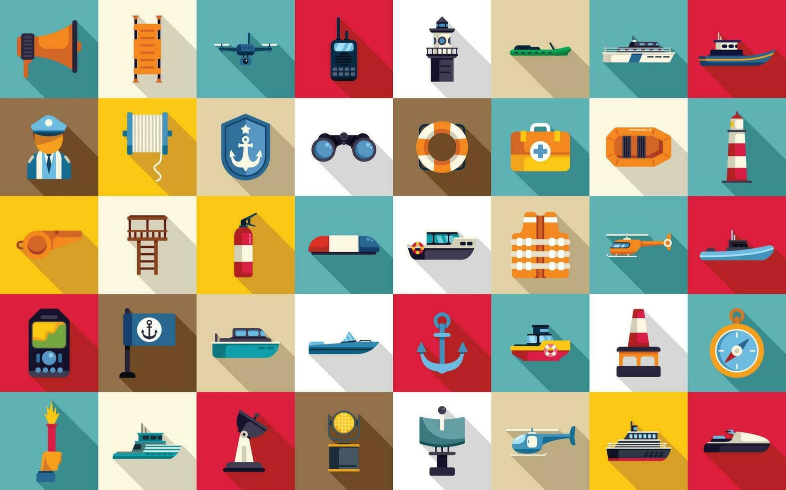 Coast guard icons set flat vector. Sea ship coast vector