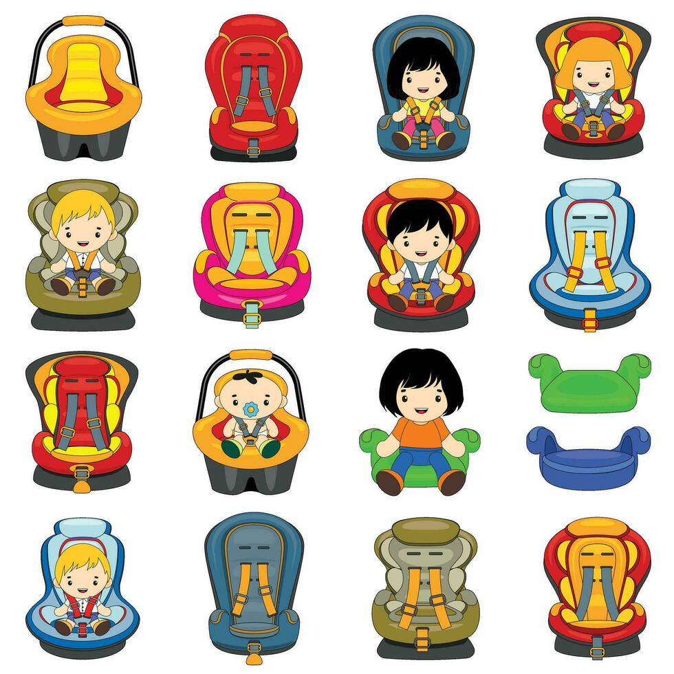 Baby car seat icons set cartoon vector. Safety infant vector