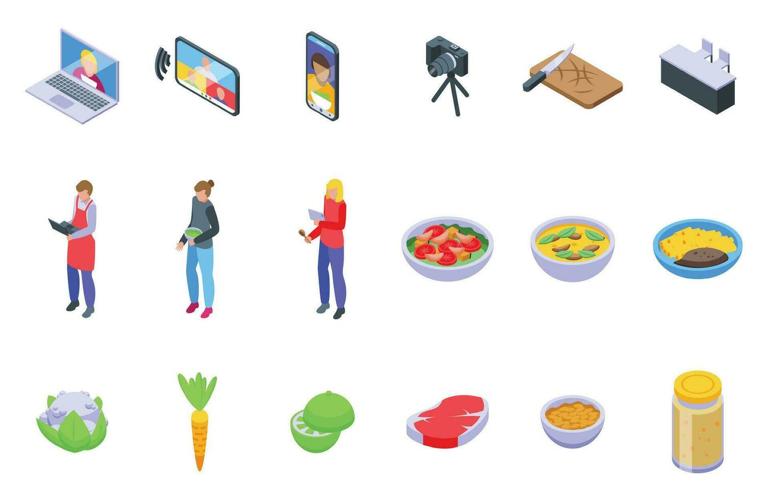 Online cooking classes icons set isometric vector. Tablet cook vector