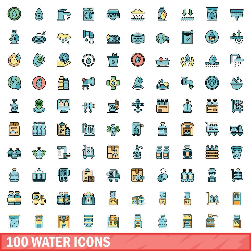 100 agua íconos colocar, color línea estilo vector