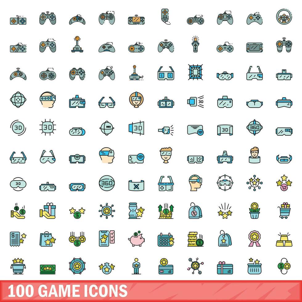 100 game icons set, color line style vector