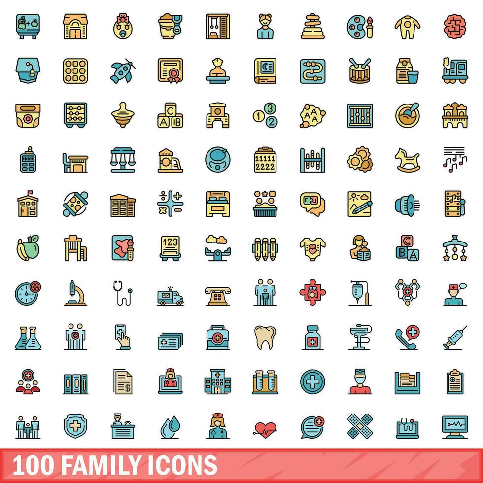 100 family icons set, color line style vector