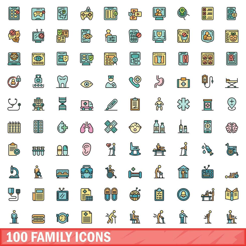 100 family icons set, color line style vector