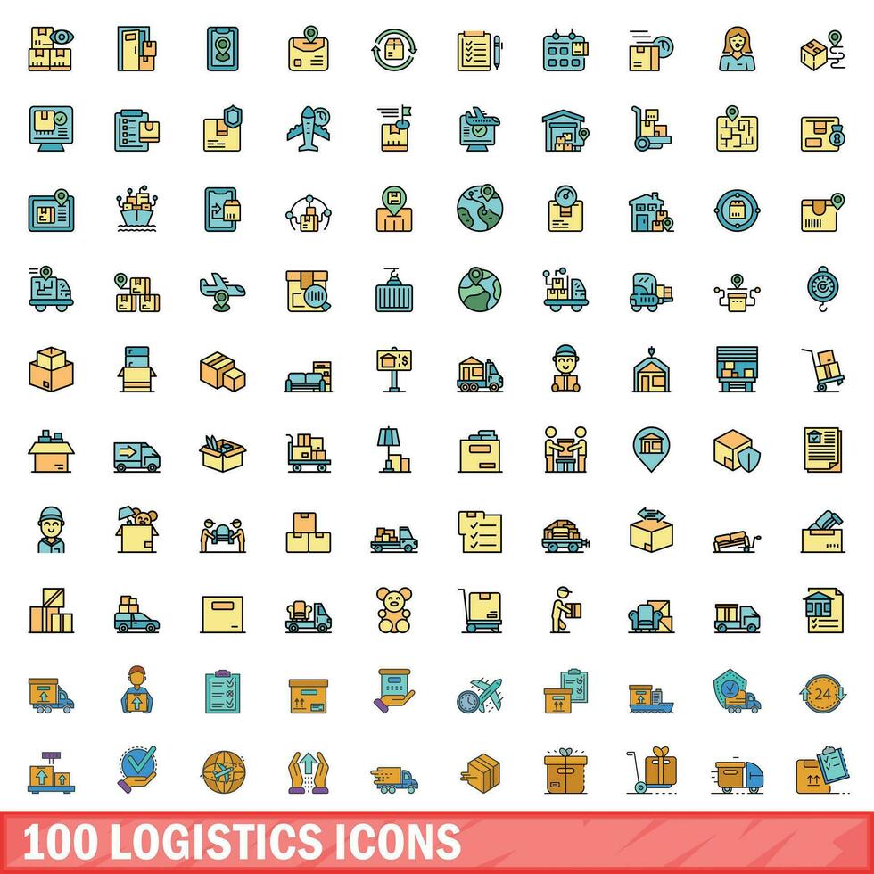 100 logistics icons set, color line style vector