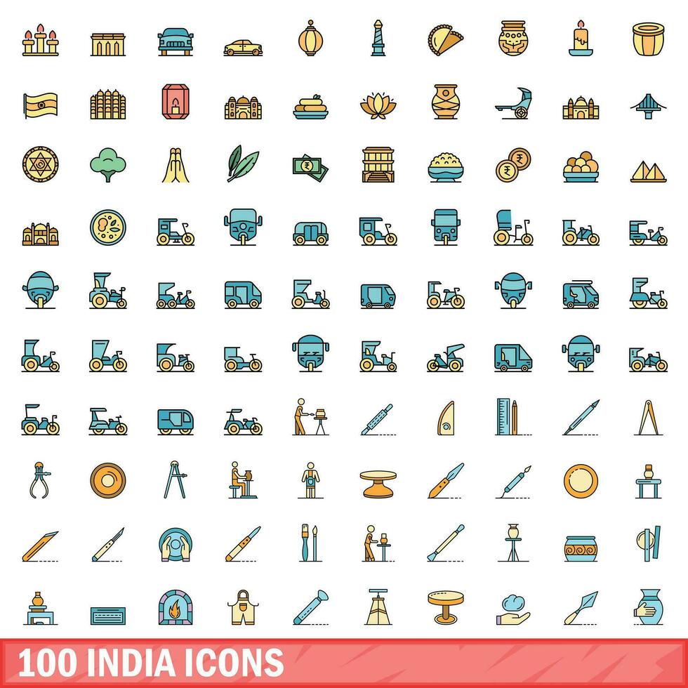 100 india icons set, color line style vector