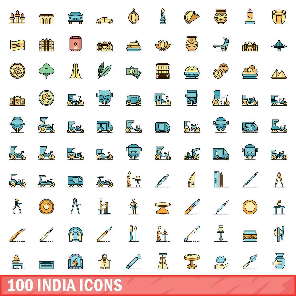 100 india icons set, color line style vector