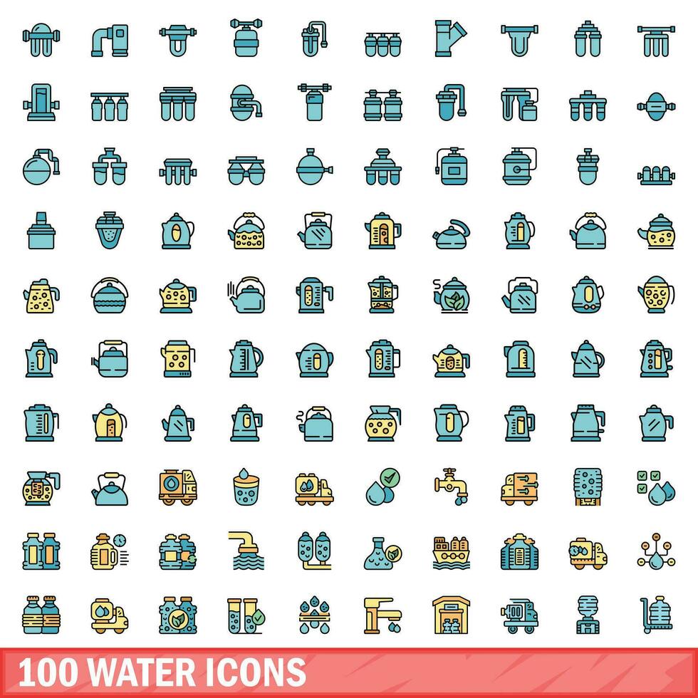 100 water icons set, color line style vector