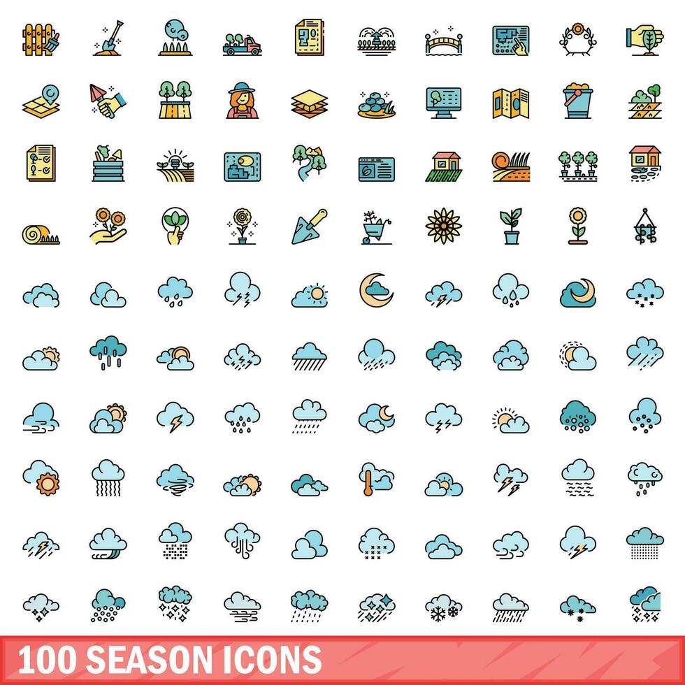 100 season icons set, color line style vector