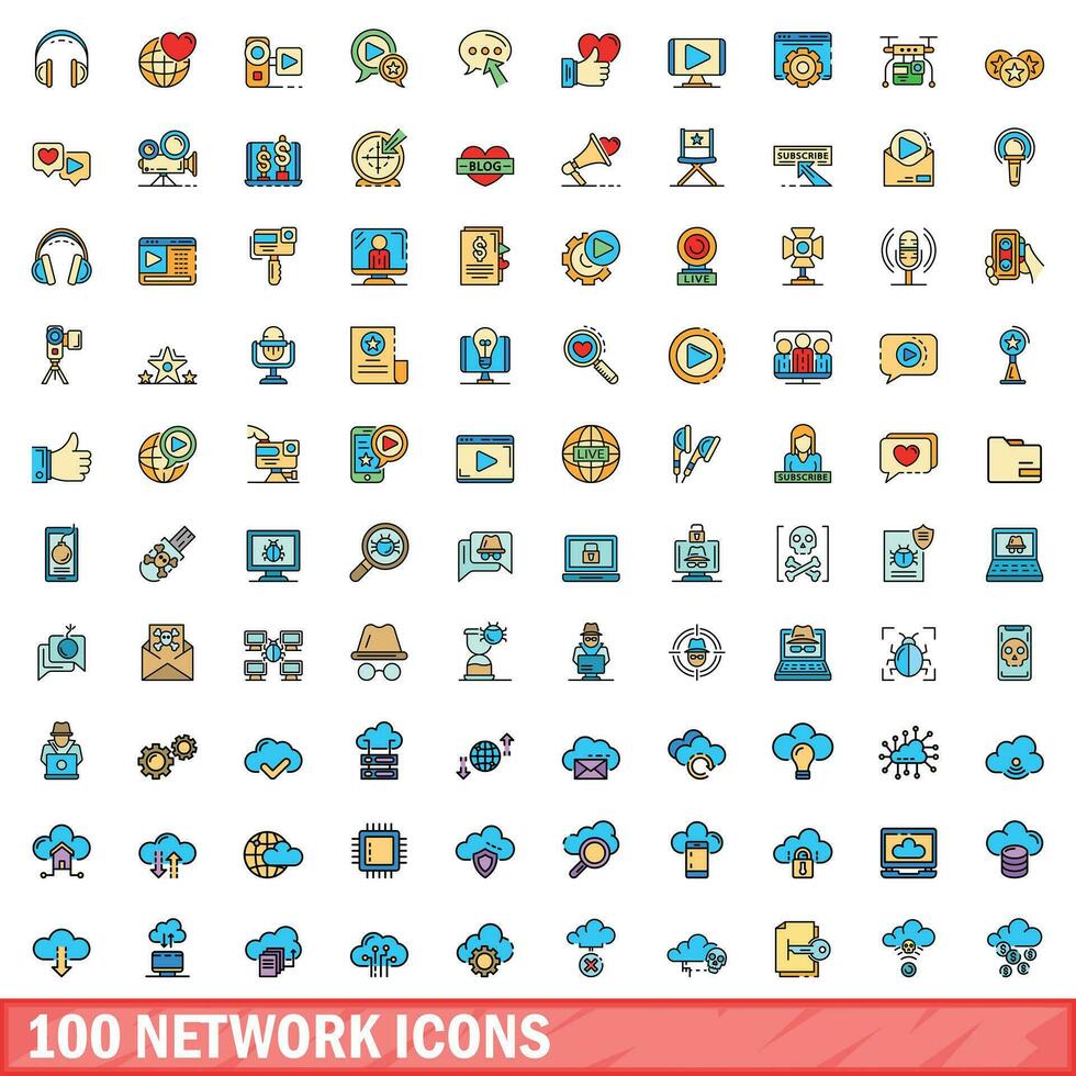 100 network icons set, color line style vector