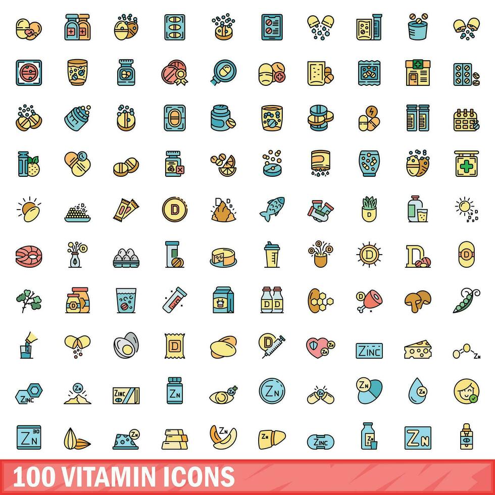 100 vitamin icons set, color line style vector