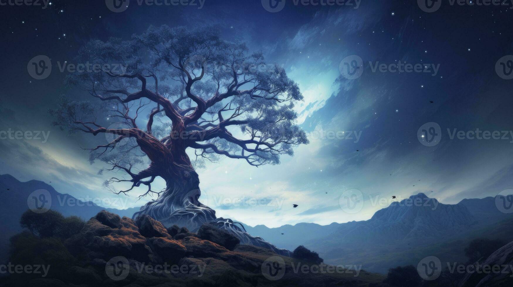 An old Tree against Milky Way Galaxy and Natural Illumination in the Night Sky. AI Generated photo