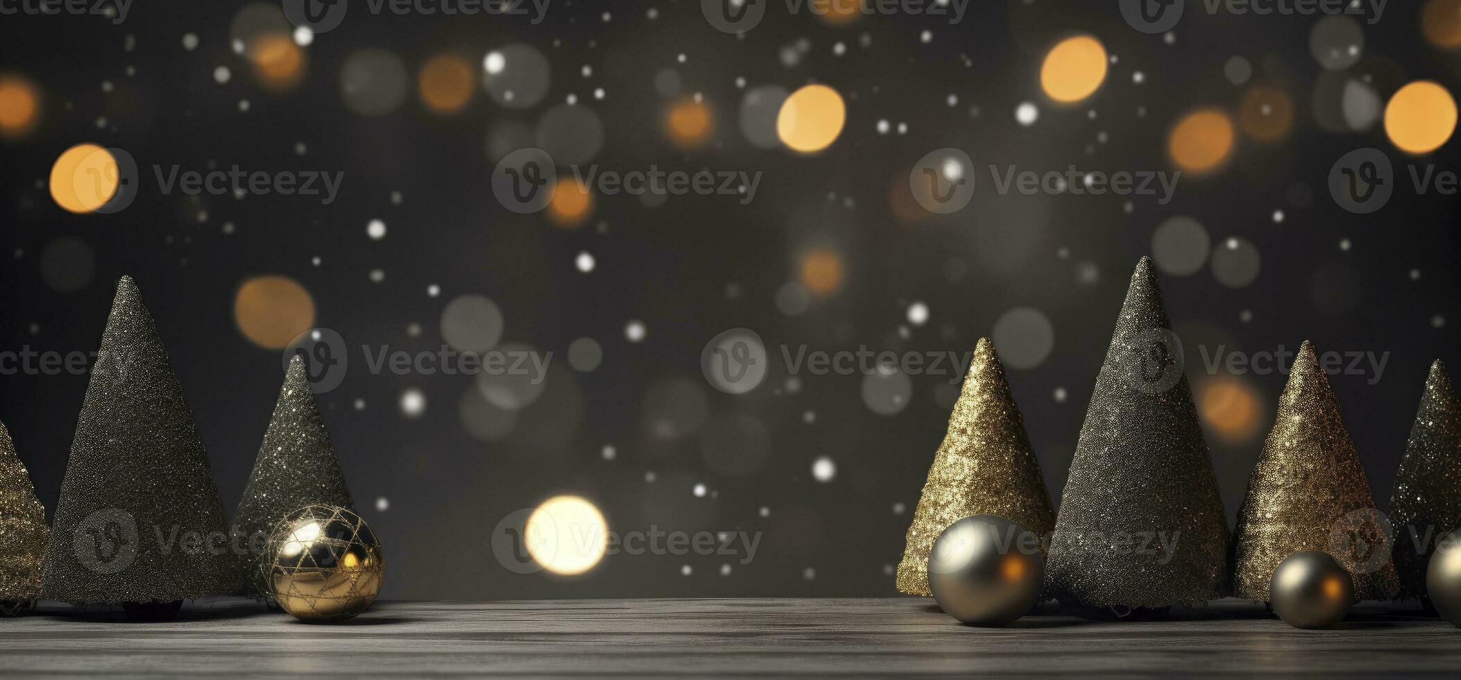 Christmas Tree with Ornaments Against a Bokeh Background in Dark Gray and Beige Tones. AI Generated photo