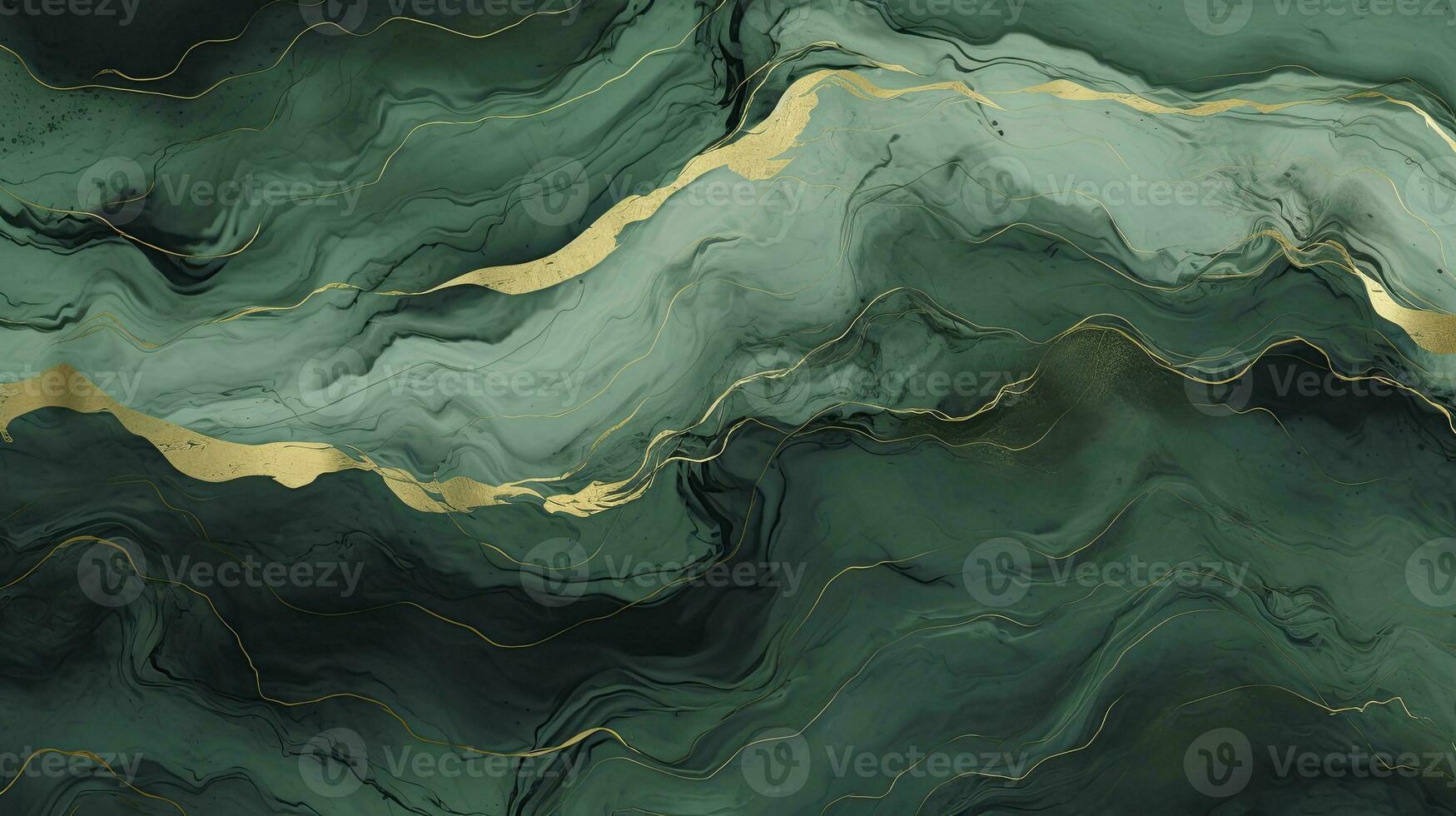 Green and Gold Painted Leaf Pattern with Naturalistic Landscape Flair and Flowing Lines. AI Generated photo