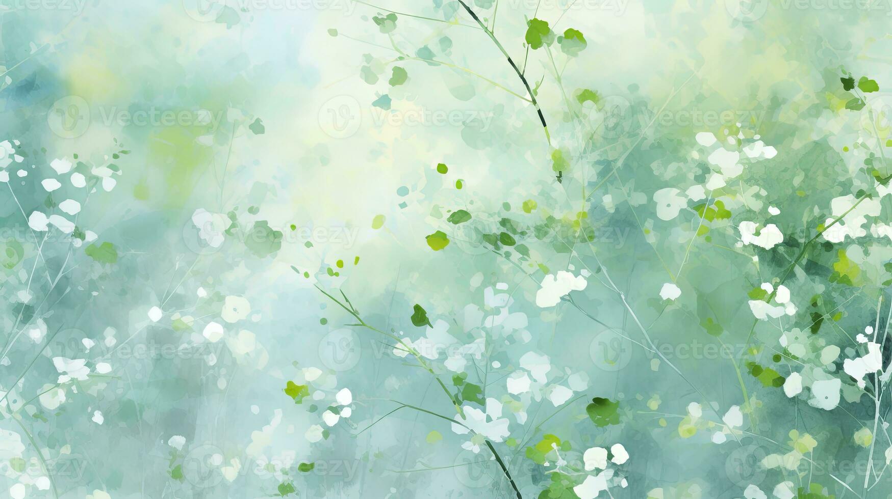 Springtime Green Watercolor Abstract with Flowers Light Teal and White Digital Painting. AI Generated photo