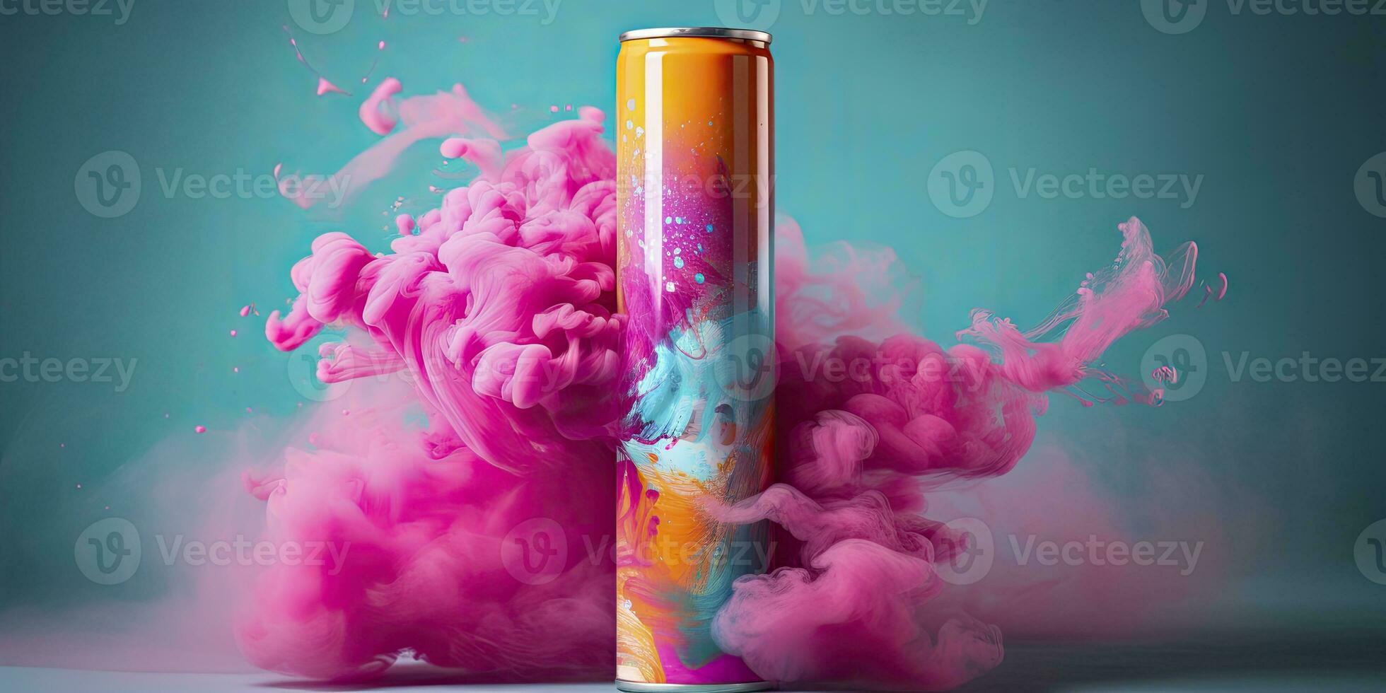 Pink Aerosol Can Releasing a Cloud of Light Orange and Teal Powders. AI Generated photo