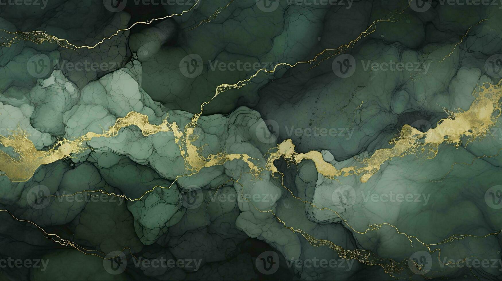 Green and Gold Painted Leaf Pattern with Naturalistic Landscape Flair and Flowing Lines. AI Generated photo