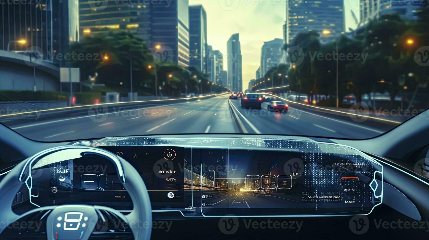 Cutting-Edge Smart Car with HUD and Sensor Radar Systems on City Streets. AI Generated photo