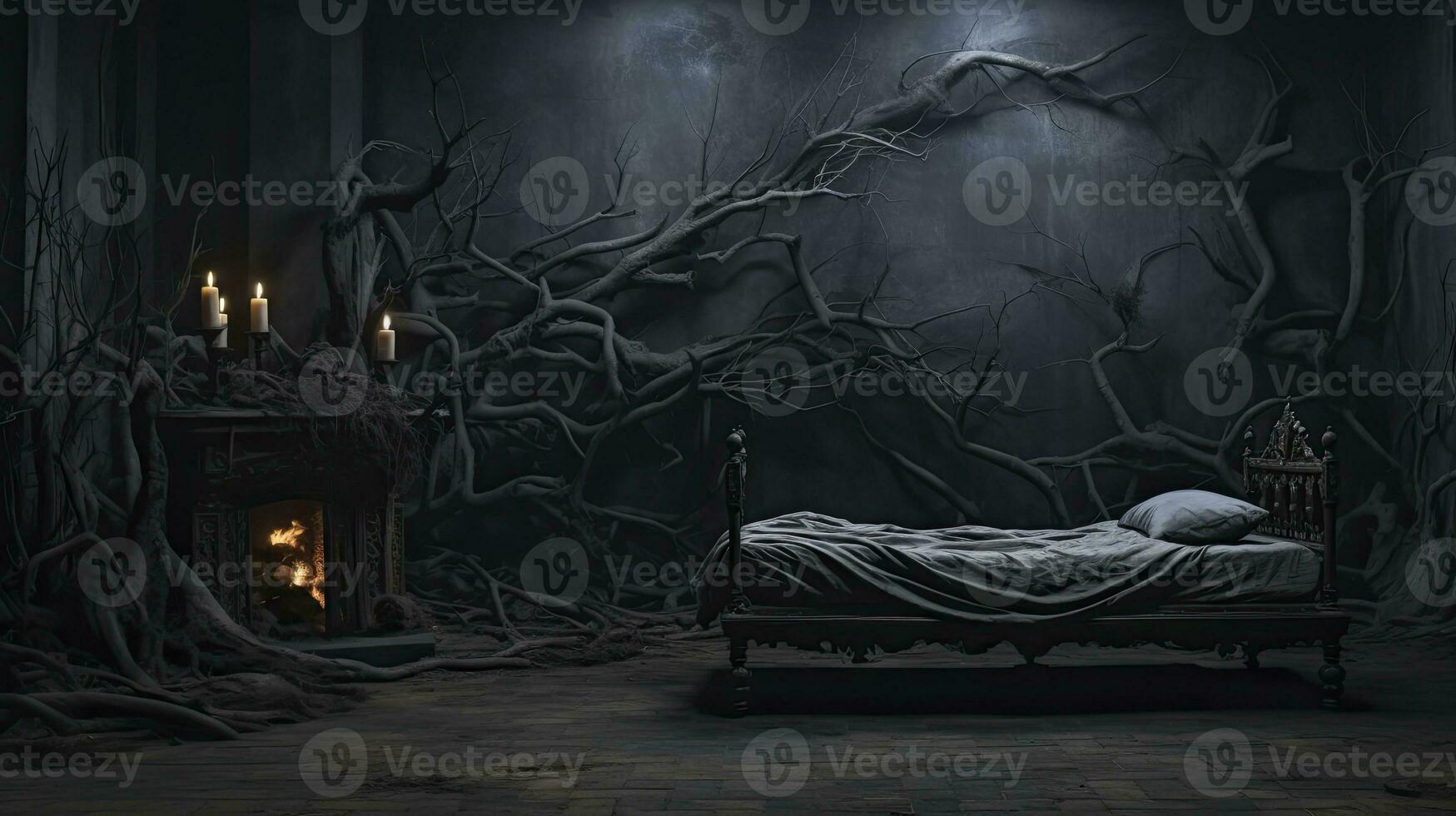 Gothic Black and White Bedroom with Candlelight in a Creepy Rustic Room. AI Generated photo