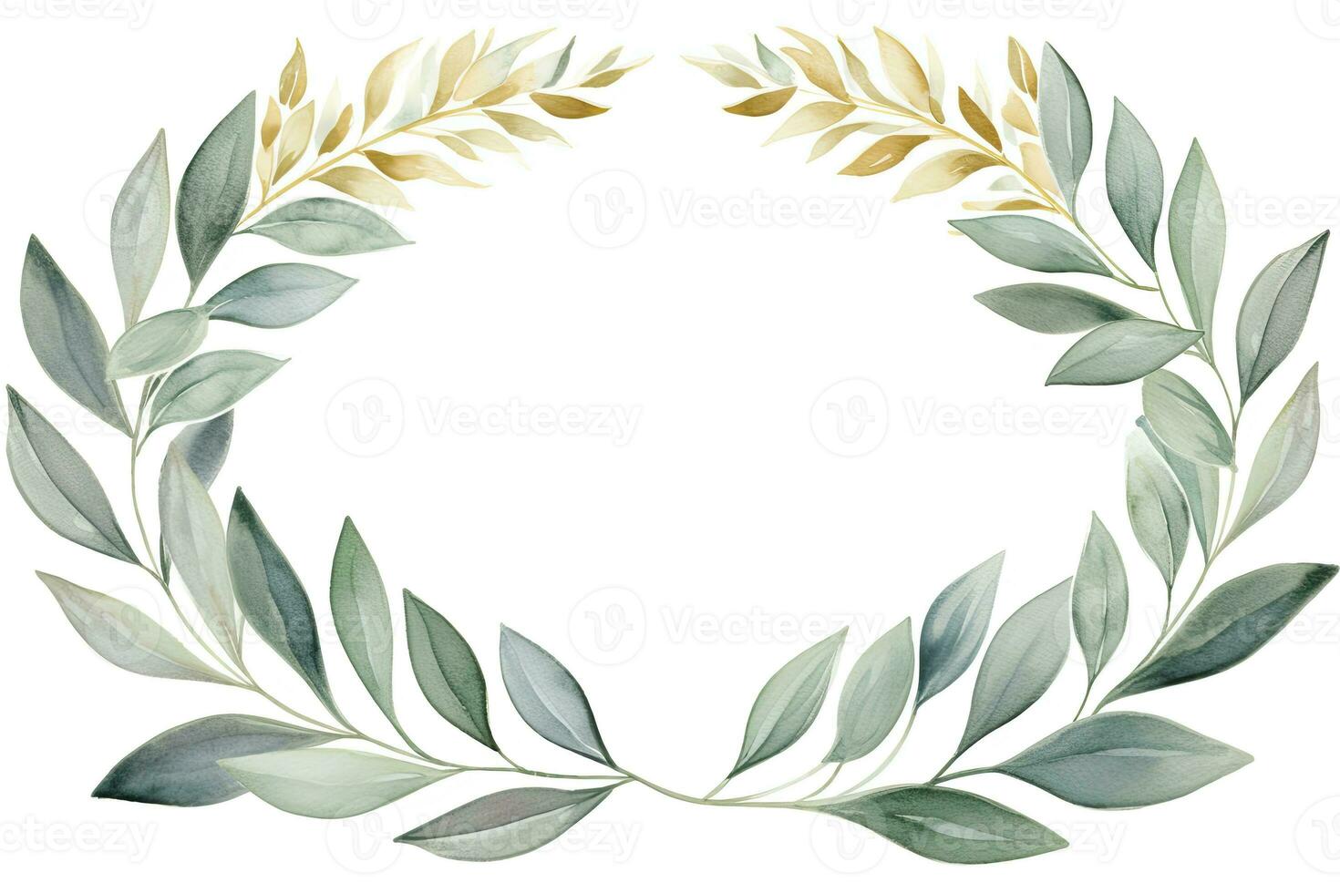 Light Teal and Gold Watercolor Wreath with Green Leaves on White Background. AI Generated photo