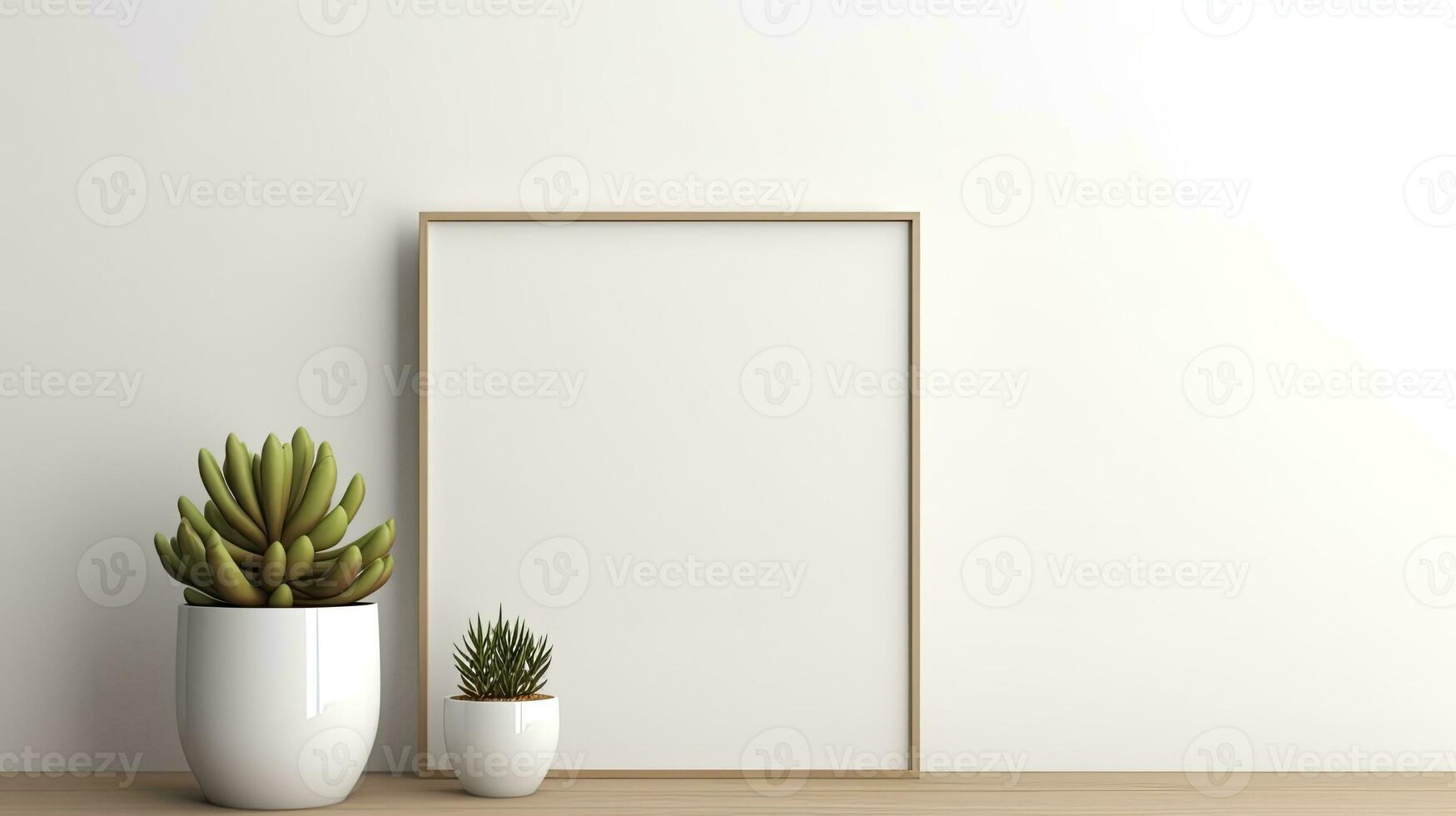 One photo frames and a pot of succulent plants on a white shelf. AI Generated