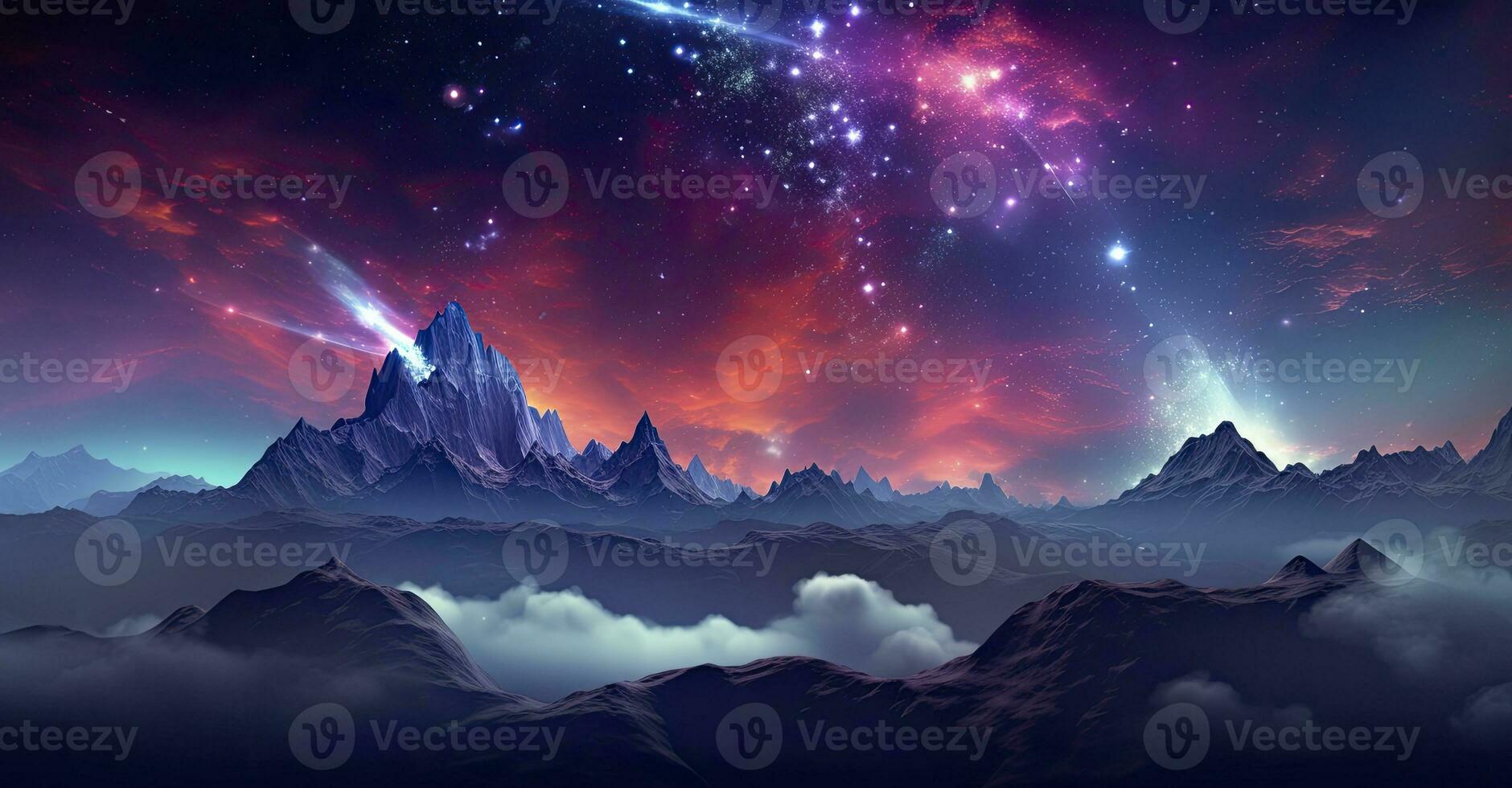 Technicolor Dreamscape of a Vast Galaxy with Interacting Blue Stars. AI Generated photo