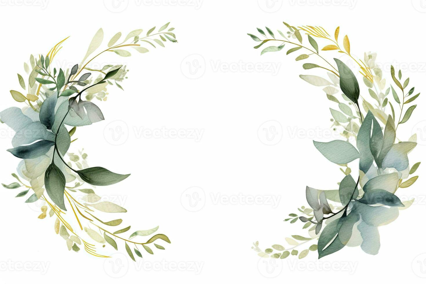 Light Teal and Gold Watercolor Wreath with Green Leaves on White Background. AI Generated photo