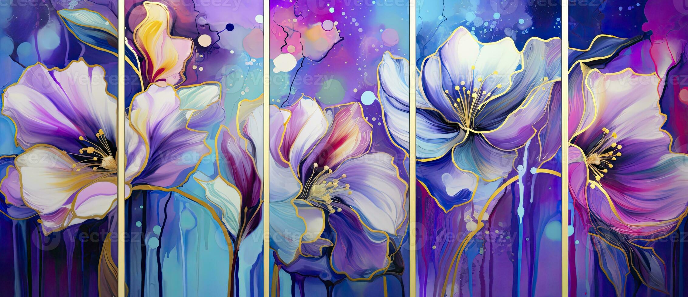 Quintet of Multicolored Watercolor Flowers with Gold Accents in Dark Purple and Azure Abstract Expressionist Style. AI Generated photo