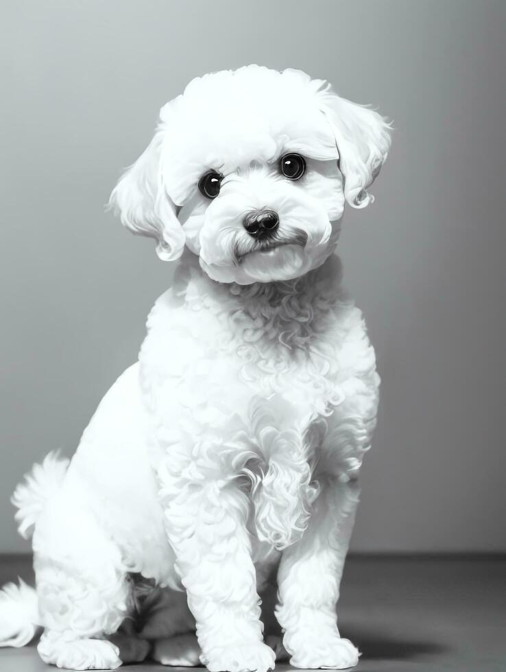 Happy Dog Bichon Frise Black and White Monochrome Photo in Studio Lighting