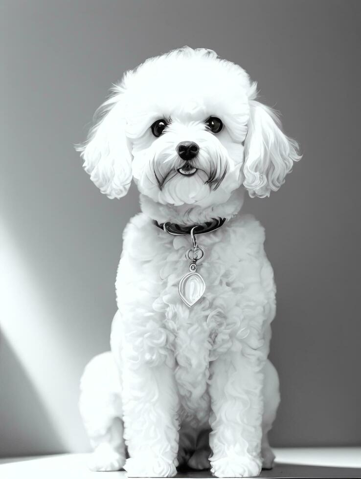 contento perro bichón frise negro y blanco monocromo foto en estudio Encendiendo