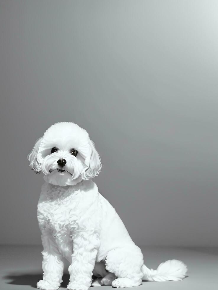 Happy Dog Bichon Frise Black and White Monochrome Photo in Studio Lighting