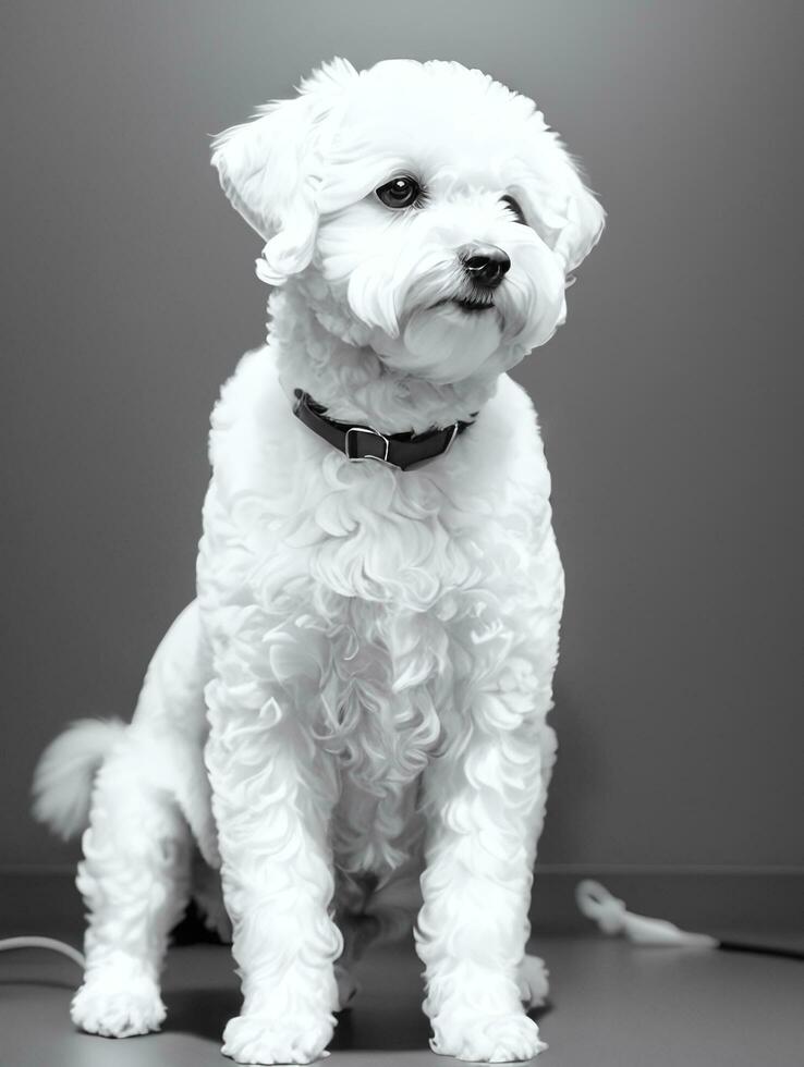 Happy Dog Bichon Frise Black and White Monochrome Photo in Studio Lighting