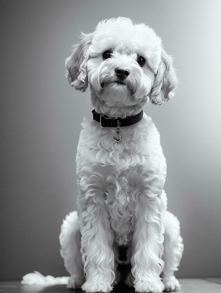 Happy Dog Bichon Frise Black and White Monochrome Photo in Studio Lighting