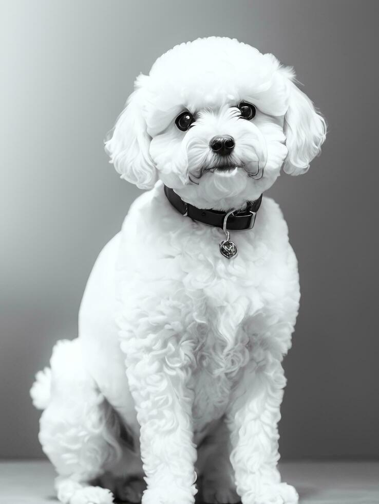 Happy Dog Bichon Frise Black and White Monochrome Photo in Studio Lighting