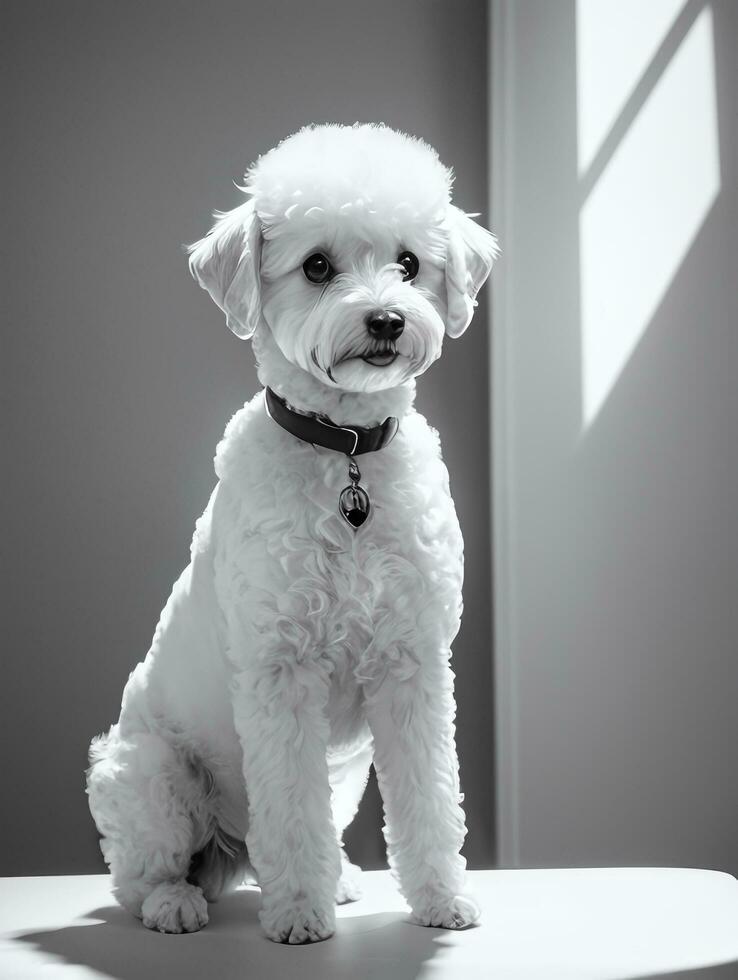 Happy Dog Bichon Frise Black and White Monochrome Photo in Studio Lighting