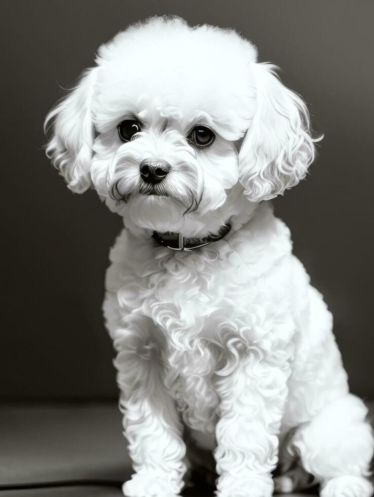 Happy Dog Bichon Frise Black and White Monochrome Photo in Studio Lighting