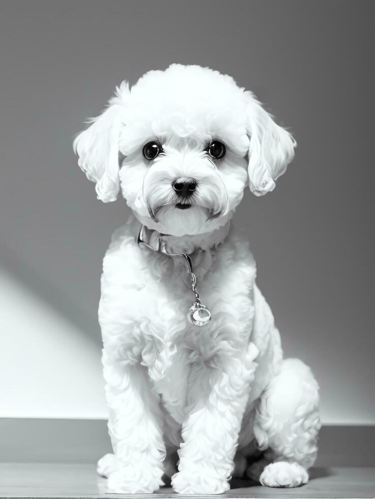 Happy Dog Bichon Frise Black and White Monochrome Photo in Studio Lighting