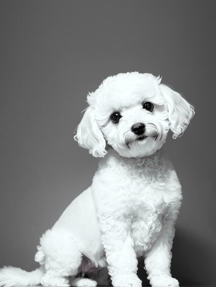 Happy Dog Bichon Frise Black and White Monochrome Photo in Studio Lighting