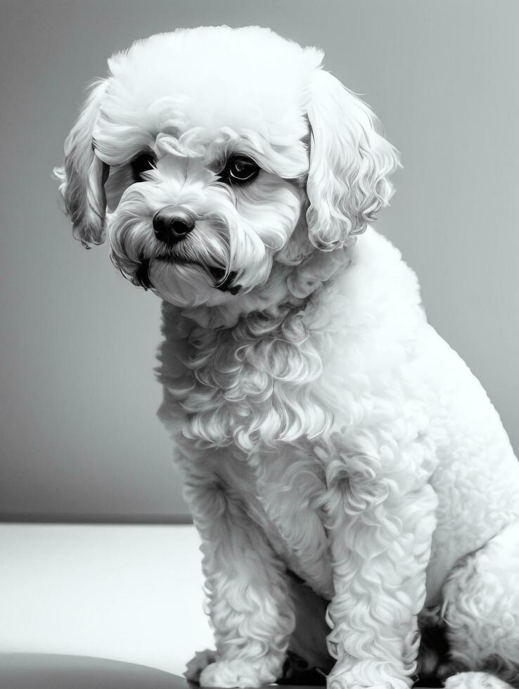 Happy Dog Bichon Frise Black and White Monochrome Photo in Studio Lighting