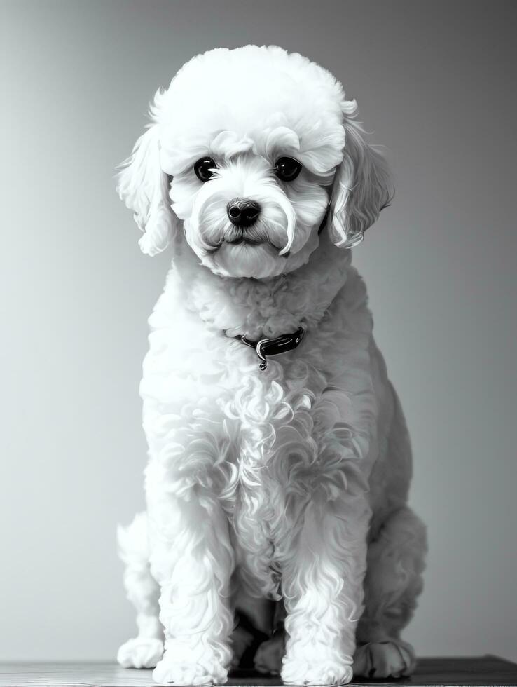 Happy Dog Bichon Frise Black and White Monochrome Photo in Studio Lighting