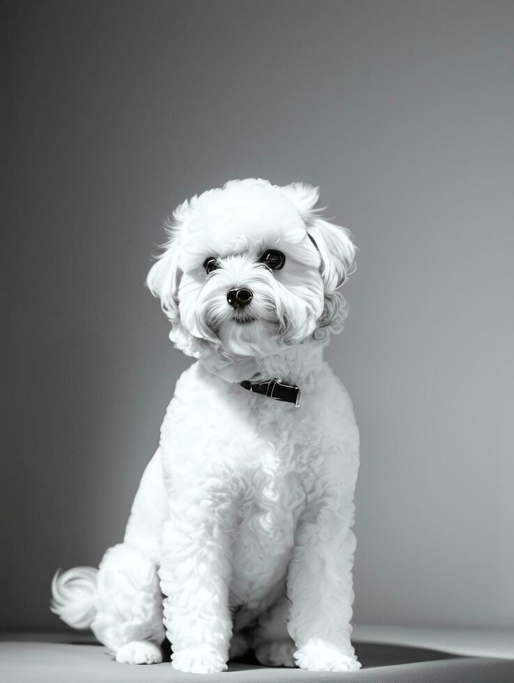 contento perro bichón frise negro y blanco monocromo foto en estudio Encendiendo