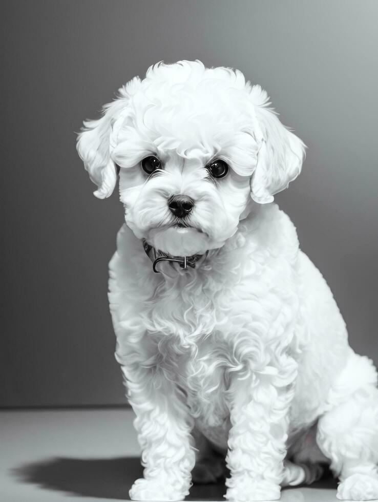 Happy Dog Bichon Frise Black and White Monochrome Photo in Studio Lighting