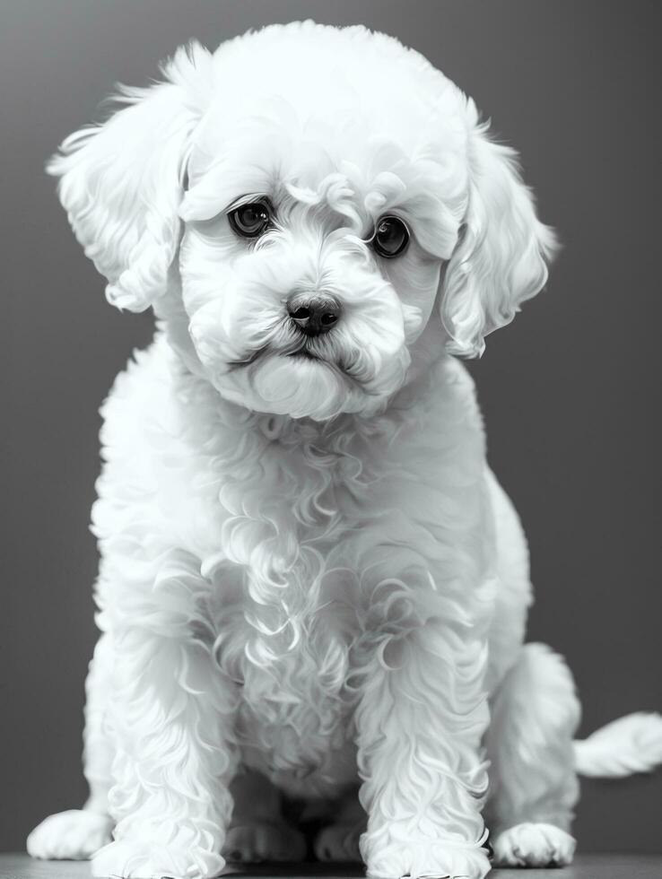 Happy Dog Bichon Frise Black and White Monochrome Photo in Studio Lighting