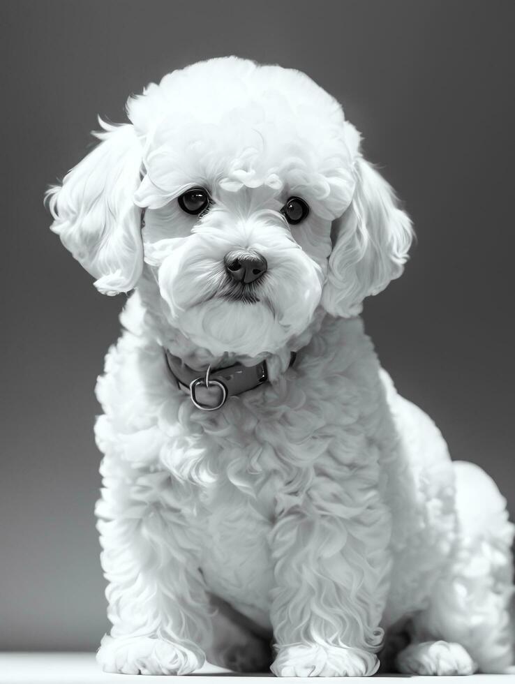 Happy Dog Bichon Frise Black and White Monochrome Photo in Studio Lighting