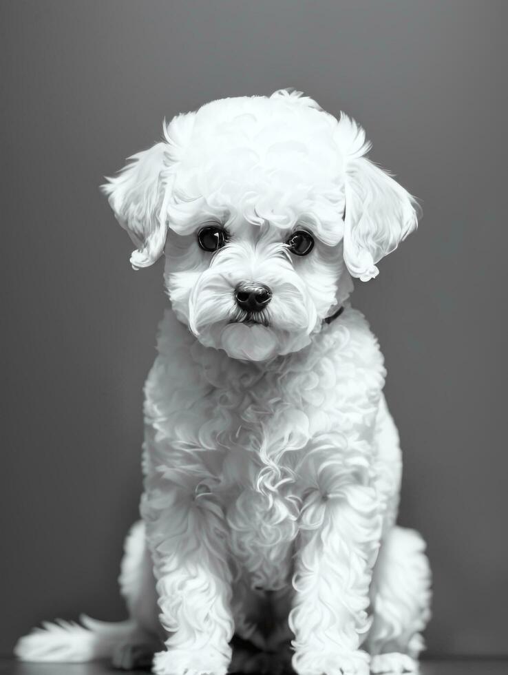 Happy Dog Bichon Frise Black and White Monochrome Photo in Studio Lighting