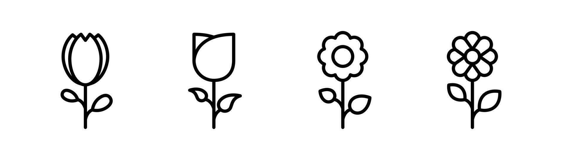 Flower icon in line. Flower icons set. Outline chamomile and rose symbol. Floral plant collection. Flowers icon in line. Stock vector illustration