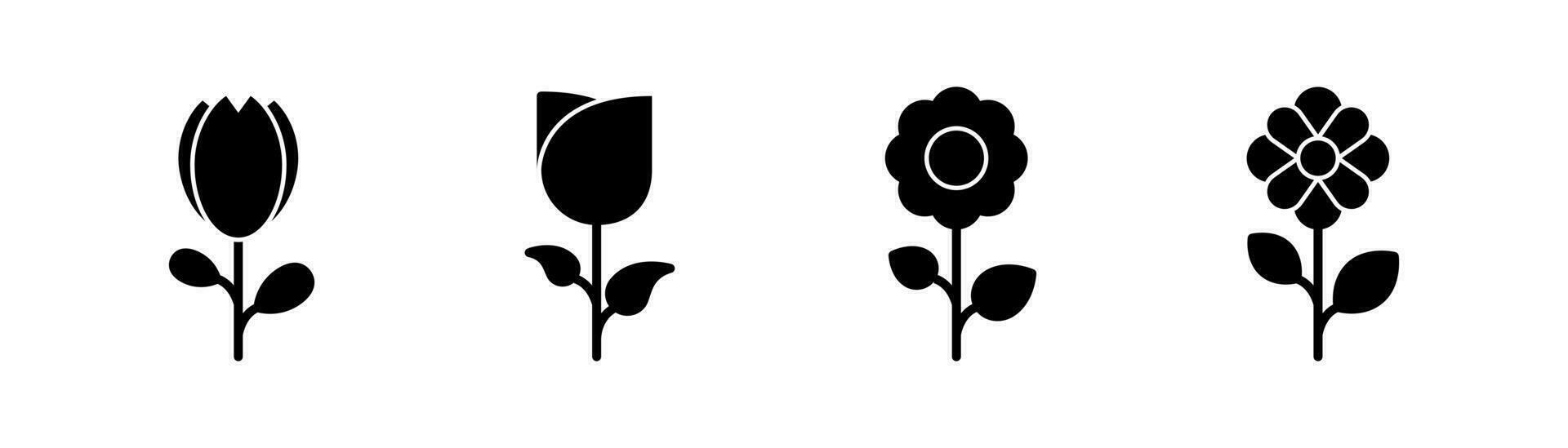 Flower icon in glyph. Flower icons set. Black chamomile and rose symbol. Floral plant collection. Flowers icon in glyph. Stock vector illustration
