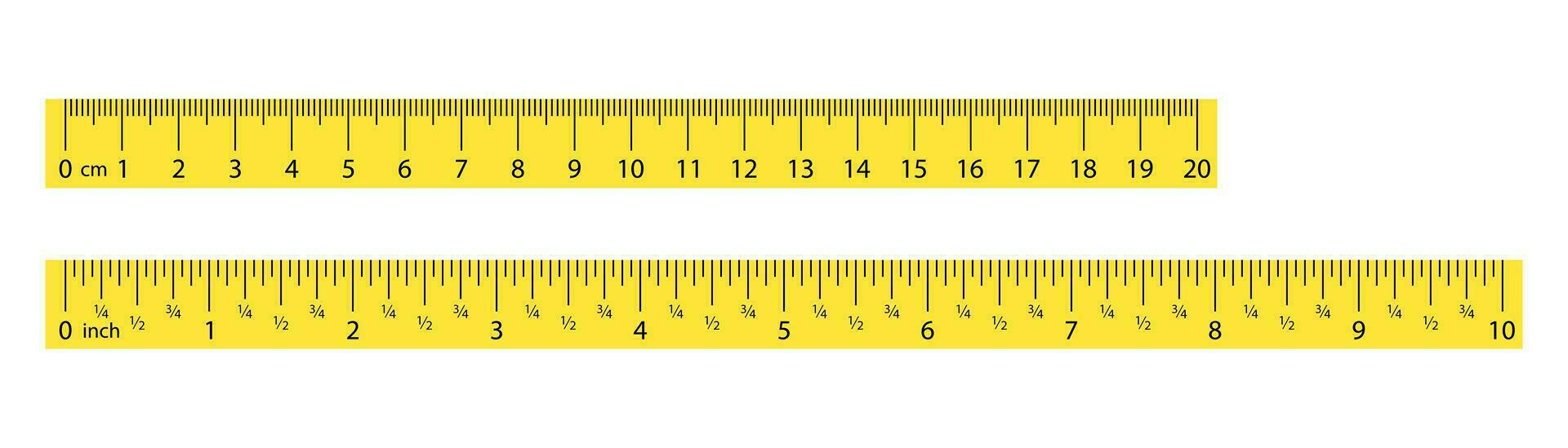 Yellow metric ruler. Inch ruler icon. Cm and inch ruler. Yellow scale grid in line. Metric and inch scale. Stock vector