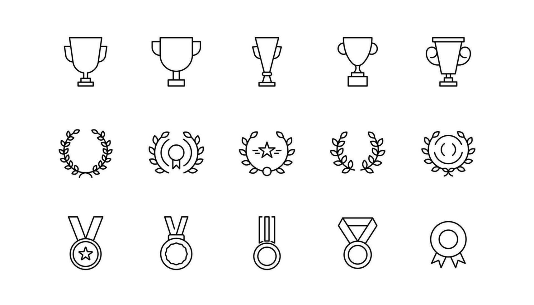 Winner trophy icon in line. Award icons. Champion cup and medal. Outline winner laurel wreath. Cup icon in line. Laurel wreath in outline. Champion medal icons set. vector