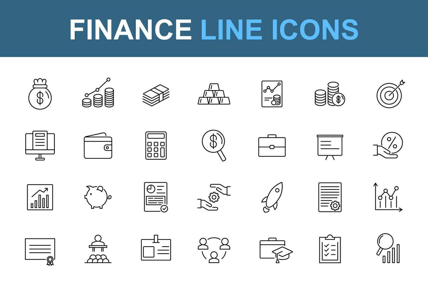 Finanzas línea iconos negocio icono colocar. dinero símbolo recopilación. negocio línea vector ilustración. Finanzas íconos en línea.