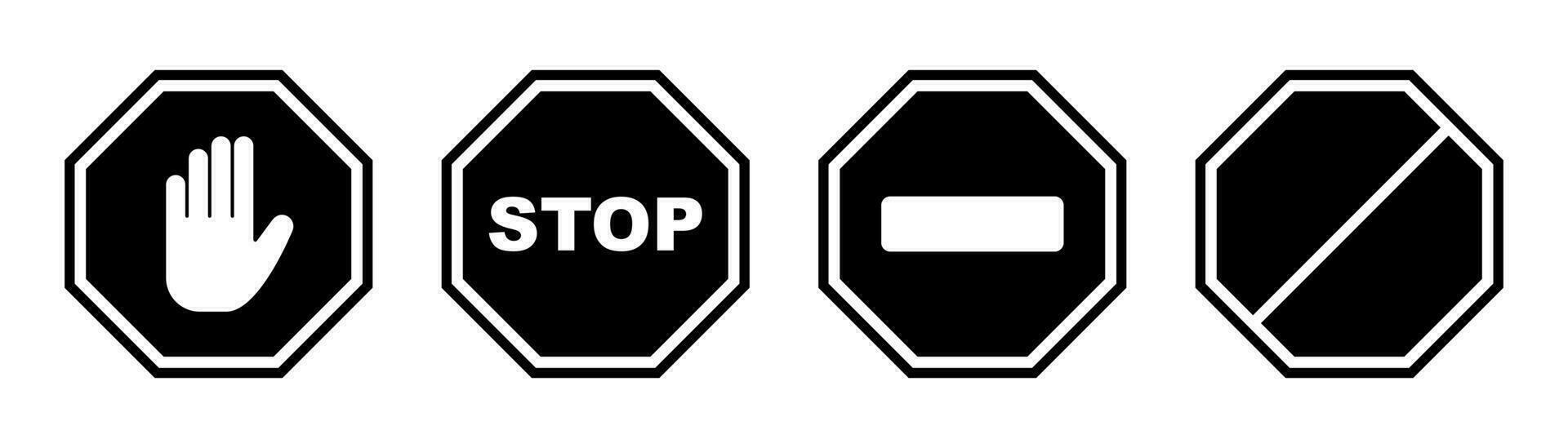 detener signo. negro prohibido símbolo. detener octágono en negro. No entrada signo. restricción mano símbolo. No camino icono. cuadrado detener advertir. valores vector ilustración